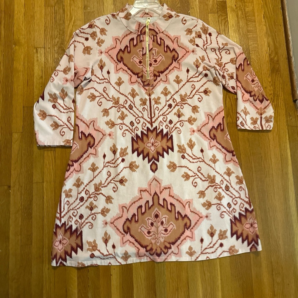 Spartina Nora Half Zip Dress Beige  Peach/Pink Geometric Gold Zip Pockets Sz XXL